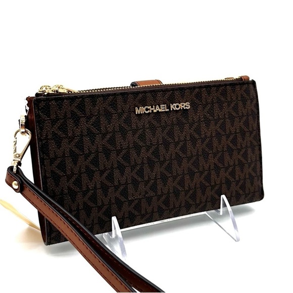 Michael Kors Large Double Zip Wallet Wristlet Brown/Gold - Picture 3 of 8